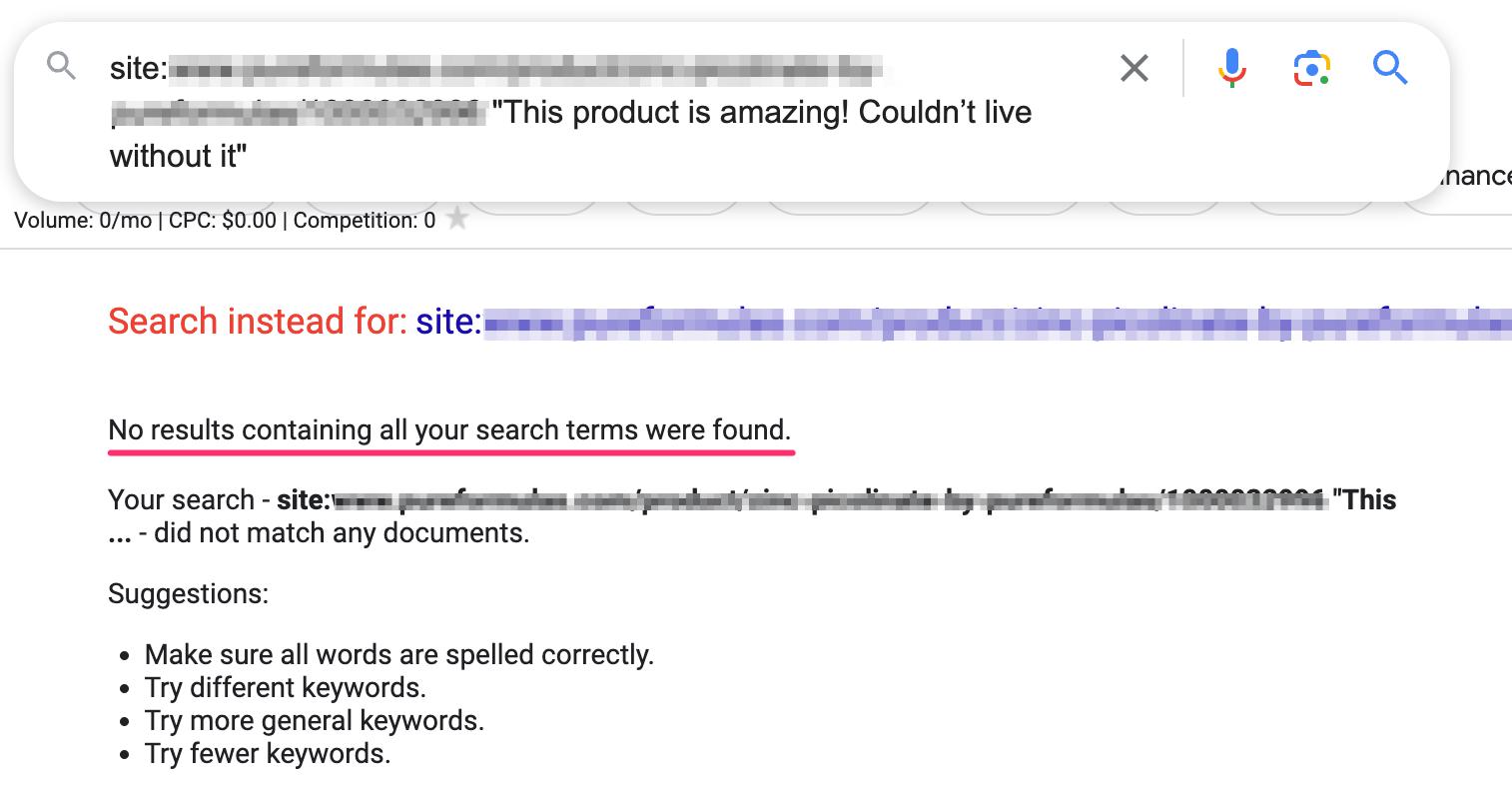 Screenshot from Google showing how to use the site search operator to confirm if Google is indexing Javascript-rendered content