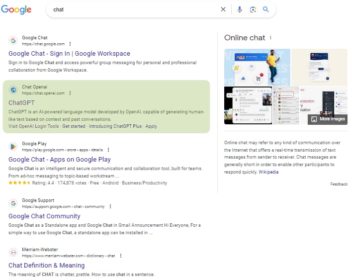 Screenshot of Google ranking for 'chat', including Knowledge Panel.